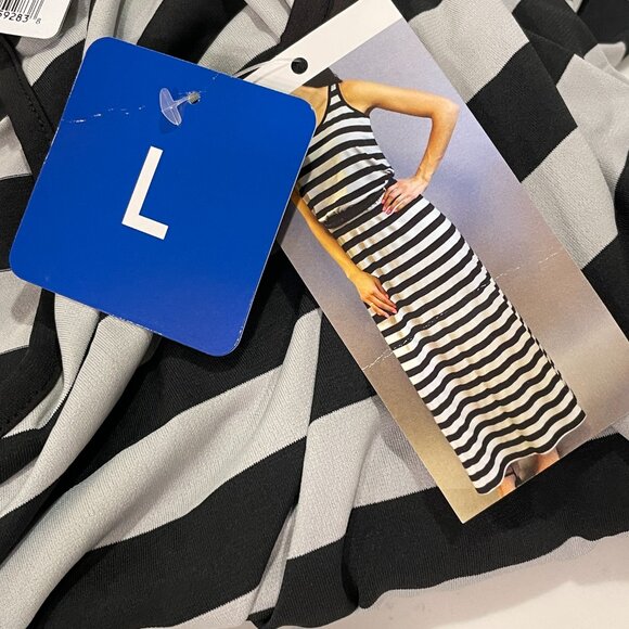 FEVER Maxi Sleeveless Jersey Stripe Belt Side Splits Tank Dress, Black/Gray - L - Picture 6 of 8